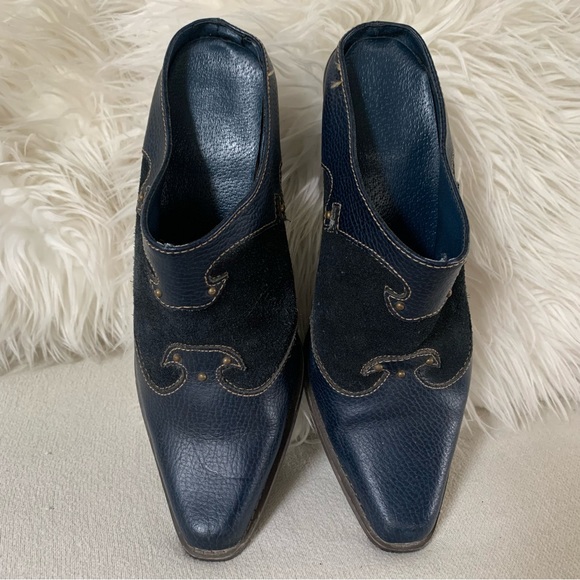 Western Navy Blue Leather Suede Studded Mule Heels - Picture 3 of 13